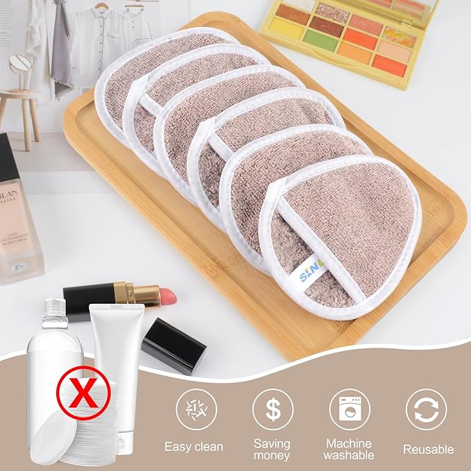 SINLAND Reusable Makeup Remover Pads For Face,Eye,Lips Microfiber Gentle Facial Cleansing Cloths for All Skin Types Friendly for Makeup Remover With Laundry Bag 5.1inchx3.93inch Pack of 6
