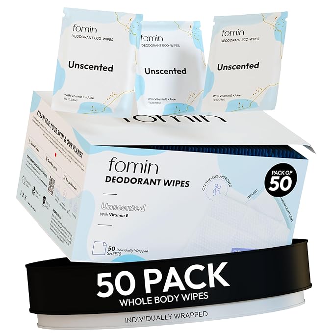 FOMIN Travel Deodorant Wipes - 50 Count - Unscented - pH Balanced, Hypoallergenic Mini Deodorant For Women and Men - Plastic-Free, Individually Wrapped Underarm & Body Wipes