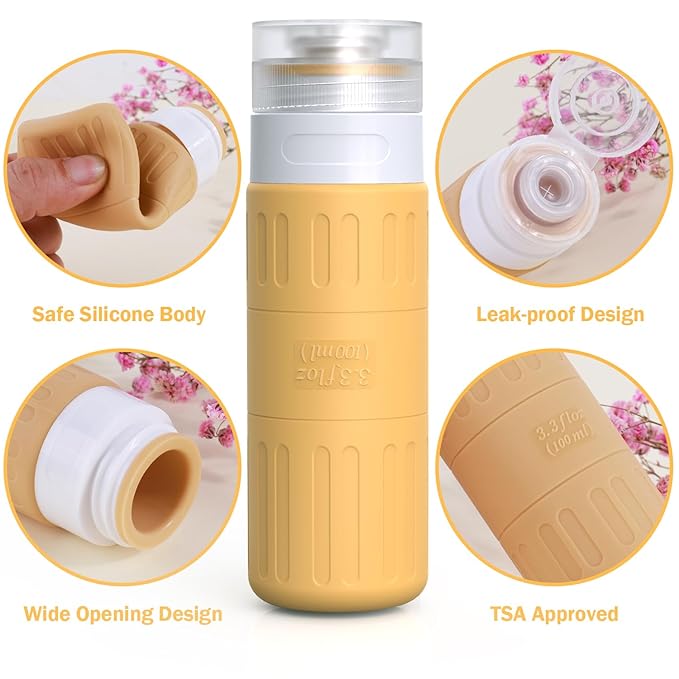 GLAMFIELDS Travel Bottles for Toiletries,TSA Approved 3.3oz Size LeakProof Silicone Toiletry Containers for Shampoo, Conditioner,Easy to Squeeze,Portable Travel Essentials for Lotion(18 Pack) Apricot