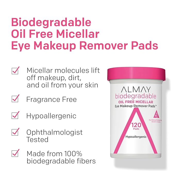 Almay Biodegradable Makeup Remover Pads, Micellar Gentle, Hypoallergenic, Fragrance-Free, Dermatologist & Ophthalmologist Tested, 120 Count (Pack of 2)