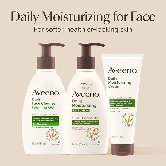 Aveeno Daily Moisturizing Face Lotion with Soothing Prebiotic Oat, Gentle Lotion Nourishes Normal to Dry Skin With Moisture, Sensitive Skin, Fragrance-Free, 12 fl. oz