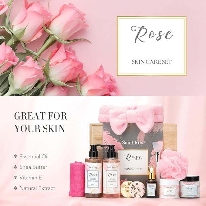 Spa Gifts for Women,10pcs Self Care Kit ROSE Scented with Facial Cleanser, Scrub Body Wash, Facial Clay Mask, Facial, Essential Oil, Birthday Gifts Skin Care Set, Mothers Day Gifts Ideas