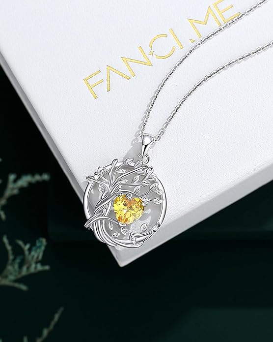 FANCIME Tree of life Birthstone necklace Sterling Silver Pendant Birthstone Necklace Gemstone Anniversary Birthday Jewelry Christmas Gifts for Mom Her Wife