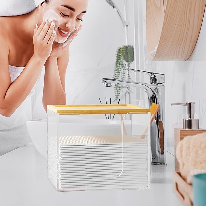 VITVITI Disposable Face Towel Holder Box, Acrylic Facial Towel Container for XL Clean Skin Club, Large Disposable Face Towels Storage with Bamboo Lid, for Bathroom, Vanity Makeup, Clear