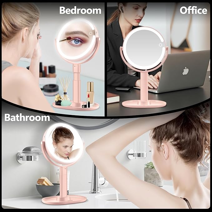 MIYADIVA Makeup Mirror with Lights, 20X Magnifying Mirror with Light and Touch Switch, Vanity Mirror with 3 Color Light and 80 LEDs, Height Adjustable Desk Mirror with Light, Pink