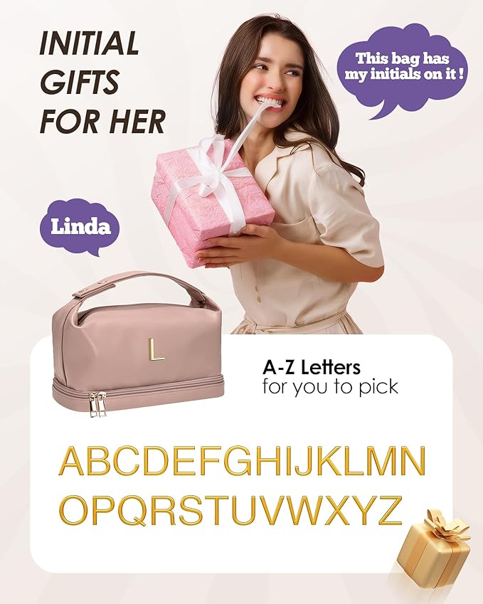 Birthday Gifts for Mom, Personalized Makeup Bag with Handle, Initial Double Layer Cosmetic Bag with Makeup Brush Organizer, Pink Gift Bags Travel Toiletry Bag, Gifts for Friends Female Mom