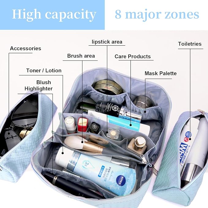 BOYATU Travel Makeup Bags for Women: Large Makeup Organizer - PU Leather Make up Bag Set of 3 - Portable Toiletry Bag with Compartments & Handle & Divider (L04 Light Blue)