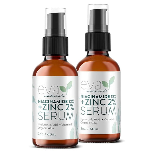 Eva Naturals Niacinamide 12% + Zinc Serum for Face โ Dark Spot Remover, Pore Minimizer, Redness Relief, Hydrating Vitamin B3 with Botanical Hyaluronic Acid, Anti-Aging Serum for Clear Skin (2 Pack)