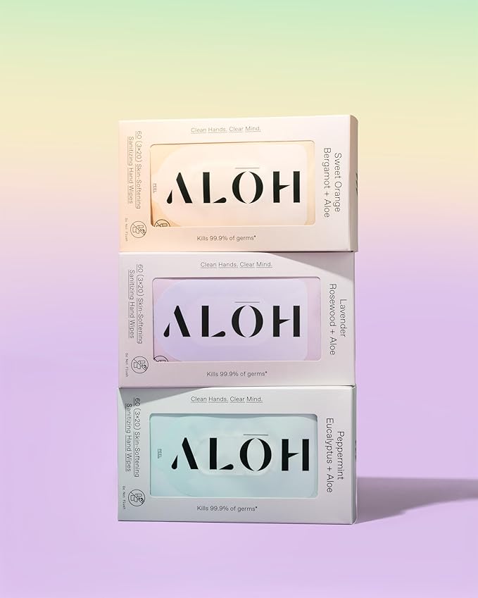 ALŌH Sweet Orange Bergamot + Aloe Sanitizing Hand Wipes - Clean Hands, Clear Mind - On The Go Hand Sanitizing Wipes for Kids and Adults - Travel Size 3 Pack 20ct Wipes (60 wipes)