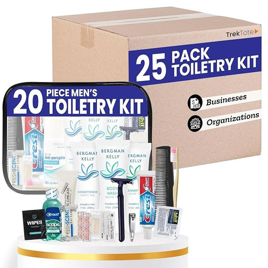 Trektote Bulk Hygiene Kit For Men And Women – (25 Pack) 20 Piece Set Of Travel Size Toiletries, TSA Compliant, Bulk Travel Essentials, Includes Shampoo And Conditioner, Body Wash, Toiletry Bag & More
