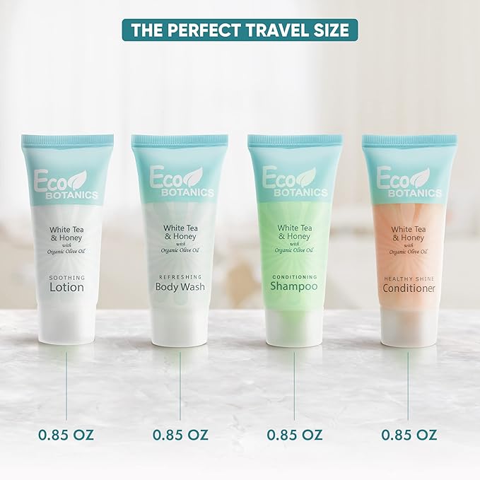 Eco Botanics Toiletries Set | 1-Shoppe Amenities Kit | 0.85oz Shampoo & Conditioner, Body Wash, Lotion | Travel Size | 80 Pieces