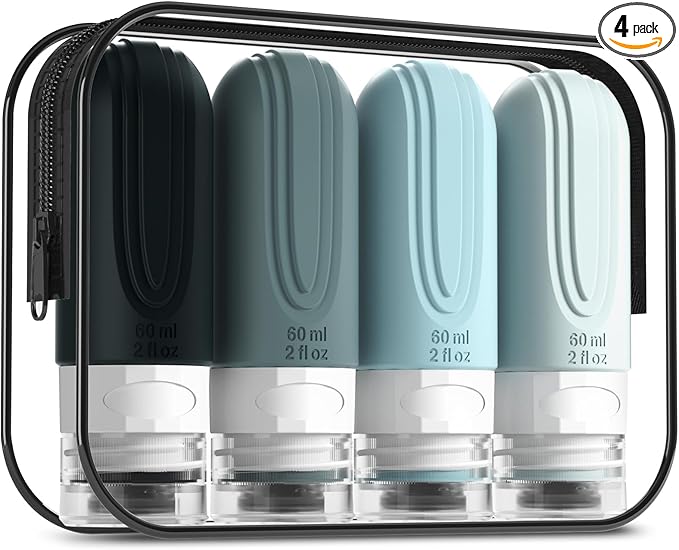 Travel Bottles for Toiletries, Tsa Approved 2oz Travel size Bottles, BPA Free Leak Proof Travels Toiletry Containers, Traveler Accessories with Toiletry Bag for Shampoo Liquid (4 Pack)
