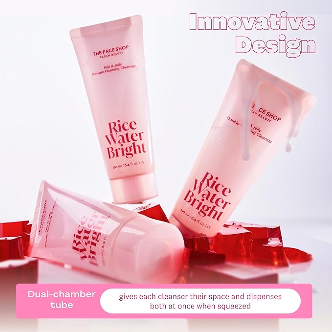 The Face Shop Rice Water Bright Double Foaming Cleanser, 2-in-1 Milky and Jelly Texture, Gentle Face Wash for Hydrating & Moisturizing, Makeup Remover, Korean Skin Care, Vegan, 6.4 fl. oz.