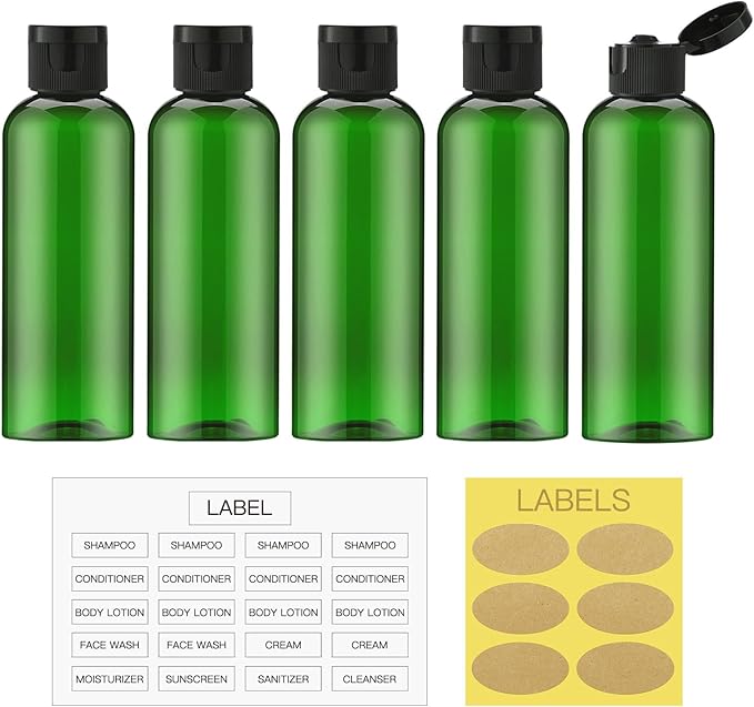 LISAPACK 3.4 oz Travel Bottles for Toiletries, Plastic Travel Size Containers for Shampoo Conditioner TSA Approved, Empty Small Squeeze for Lotion, Leak Proof Mini Liquid Tube for Refillable Green