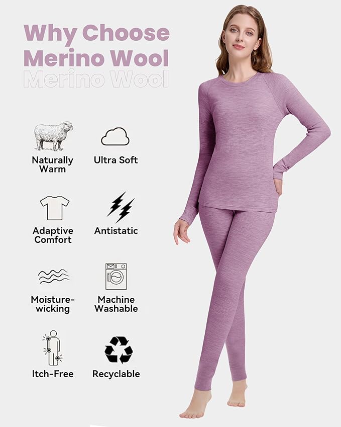 Women's 100% Merino Wool Base Layer Sets - Light and Midweight Thermal Underwear Gifts Pack with Wool Beanie