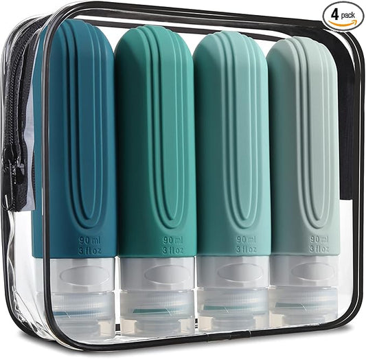 Travel Bottles for Toiletries, Tsa Approved 3oz Travel Size Containers BPA Free Leak Proof Refillable Liquid Silicone Squeezable Travel Accessories for Shampoo Conditioner Lotion (4 Pack)