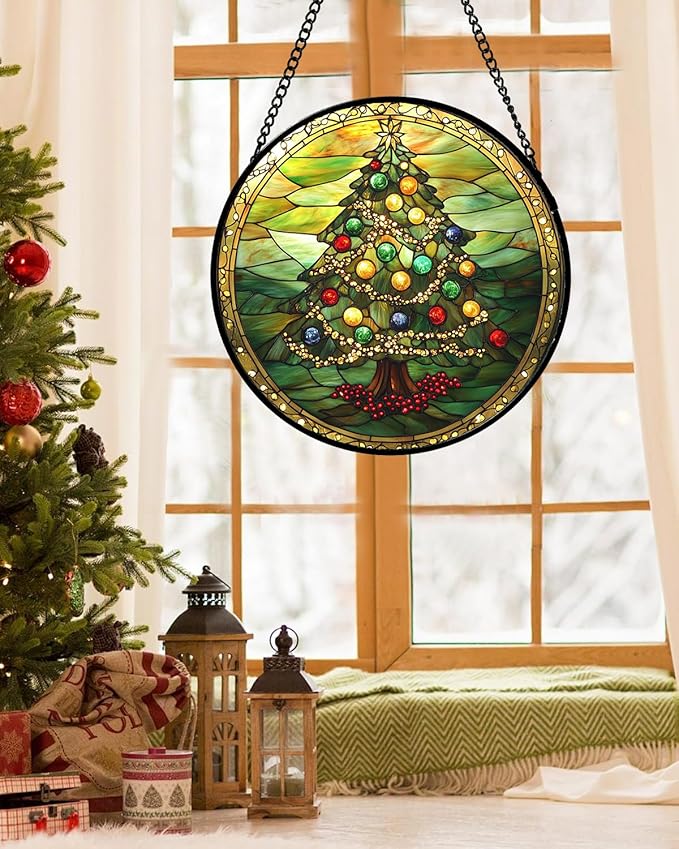 Stained Glass Window Hanging - Green Christmas Tree Gold Ribbon Suncatcher for Doors Home Christmas Decoration Sun Catcher Thanksgiving New Year Birthday Gifts for Women Men Mom Nana 6.3 in