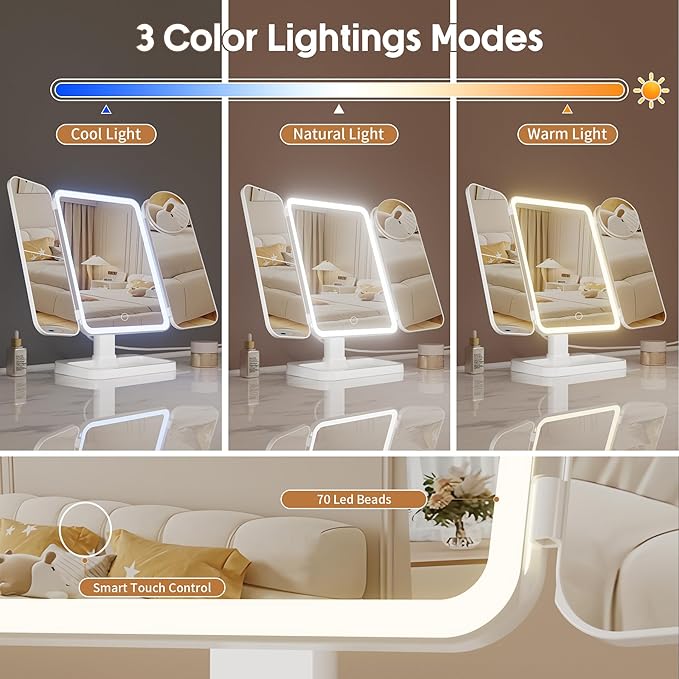 Vanity Mirror with Lights, Rechargeable Makeup Mirror with Magnification, 2X 3X 10X, 3 Colors Lights, Portable Travel Makeup Mirror, Gifts for Her Women