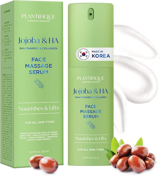 PLANTIFIQUE Korean Jojoba Oil & Hyaluronic Acid Face Massage Serum โ Hydrating Anti-Aging Collagen & Niacinamide Formula โ Perfect for Gua Sha Facial Massage โ Gift for Men & Women
