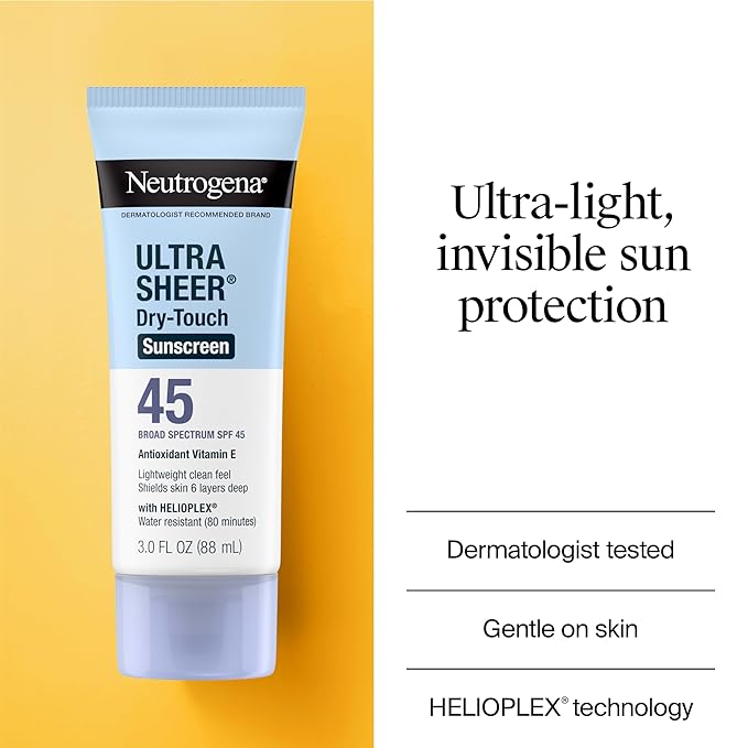 Neutrogena Ultra Sheer Dry-Touch Sunscreen For Face & Body, SPF 45 Broad Spectrum UVA/UVB Protection, Lightweight Water Resistant & Non-Greasy, Travel Size Sunscreen, 3 fl. oz 2 pack