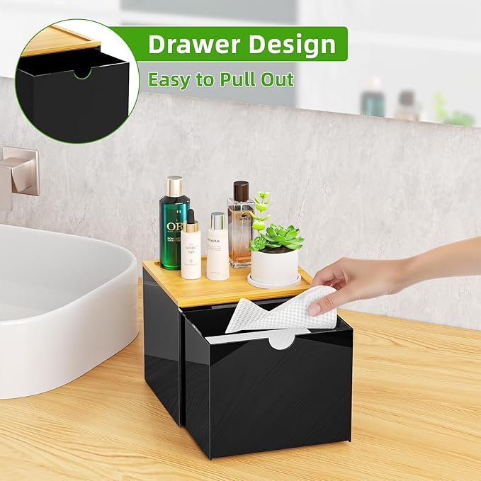 VITVITI Drawer Disposable Face Towel Holder Box, Acrylic Facial Towel Container for XL Clean Skin Club, Large Disposable Face Towels Storage with Bamboo Lid, for Bathroom, Vanity Makeup, Black