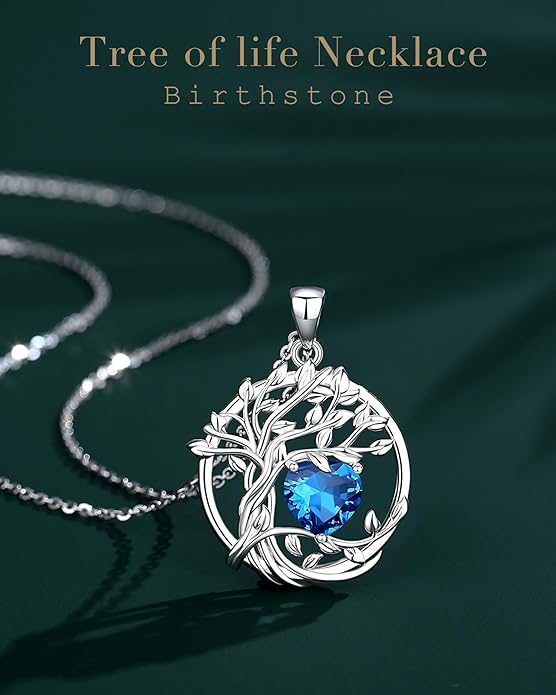 FANCIME Tree of life Birthstone necklace Sterling Silver Pendant Birthstone Necklace Gemstone Anniversary Birthday Jewelry Christmas Gifts for Mom Her Wife
