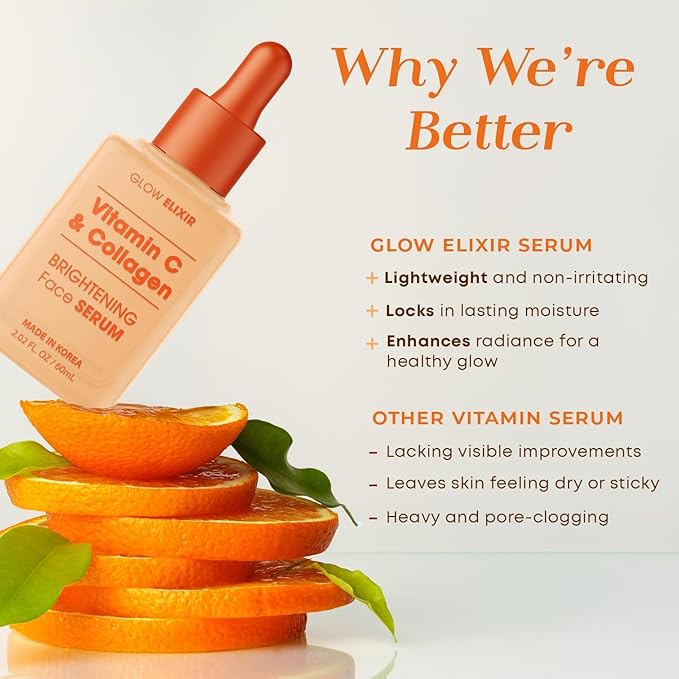 Glow Elixir Vitamin C & Collagen Face Serum – Dermatologist Tested Korean Skincare – Evens Skin Tone, Enhances Radiance, Supports Hydration – Clean Beauty, Vegan, Cruelty-Free – 1.69 fl oz