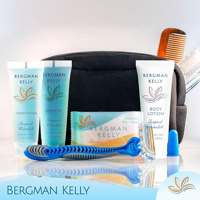 Bergman Kelly - Hotel Toiletries Bundle - Tropical Waterfall, 1 oz each, 18800 pcs - 4-Piece Set: Rectangular Bar Soap, Shampoo, Conditioner & Body Lotion (4700 each) - Bulk Mini Guest Amenities