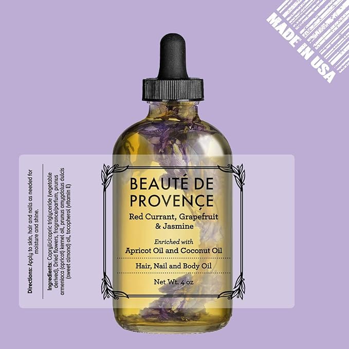 BEAUTE DE PROVENCE Lavender Multi-Use Oil for Face, Body and Hair - Organic Blend of Apricot, Vitamin E, Fractionated Coconut and Sweet Almond Oil Moisturizer for Dry Skin, Scalp and Nails - 4 Fl Oz