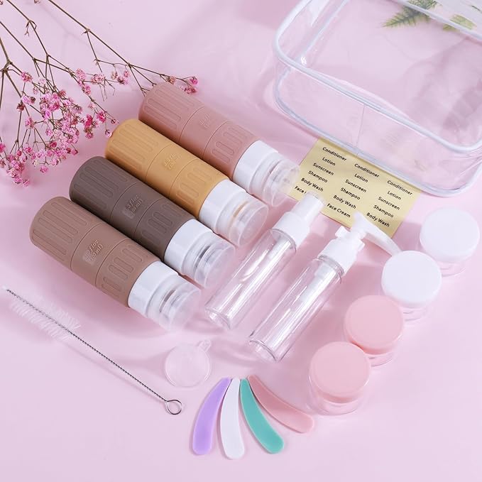 GLAMFIELDS Travel Bottles for Toiletries,TSA Approved 3.3oz Size LeakProof Silicone Toiletry Containers for Shampoo, Conditioner,Easy to Squeeze,Portable Travel Essentials for Lotion(18 Pack) Apricot