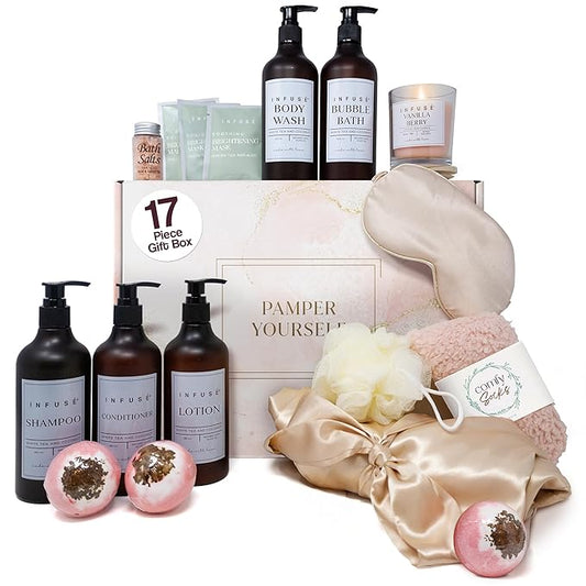 17-Piece Luxury Gift Set with Robe | Complete INFUSร White Tea & Coconut Bath Collection | Self-Care Kit with Bath Bombs, Face Masks & Hair Care | Bridesmaid, Mom, Wife, Grandma or Loved Ones
