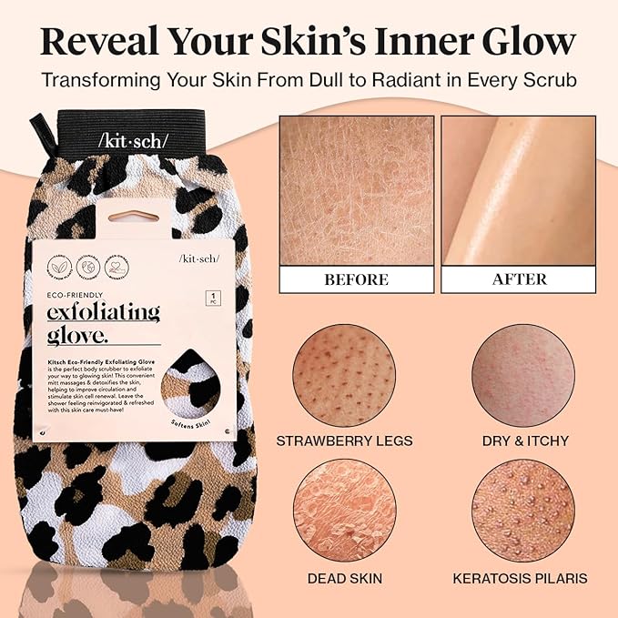 Kitsch Exfoliating Glove – Korean Exfoliating Mitt & Deep Exfoliating Body Scrubber for Shower, Bath | Body Exfoliator, Dead Skin Remover | Skin Care for Smooth, Renewed Skin - 1pc, Leopard