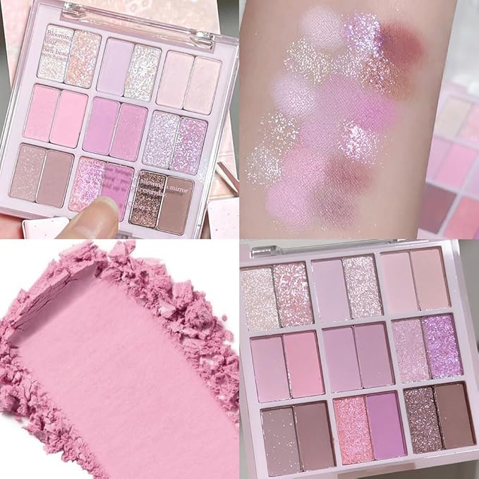 18Colors Purple Pink Nude Shimmery Eyeshadow Palette Makeup,Light Purple Mauve Glitter Sparkly Eye Shadow Long Lasting Waterproof Naturing-Looking Blendable for Beginners