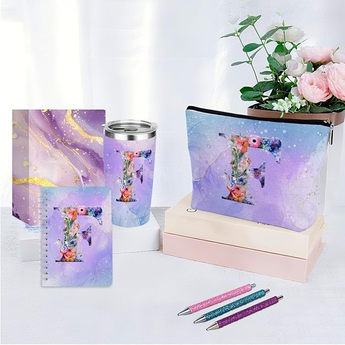 Personalized Gifts Monogrammed Birthday Gifts for Women, Aunt Grandma Retirement Christmas Initial 20 oz Tumbler, Makeup Bag Cup Ballpoint Pens Journal Notebook 6 Set, (Aesthetic Purple Flower F)