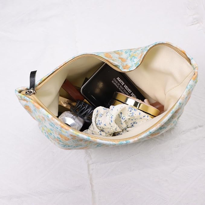 Wudygirl Aesthetic Cosmetic Bag Travel Toiletry Bag Makeup Bag Canvas Makeup Pouch Toiletry Bag for Women and Girls Large Capacity Makeup Bag Floral Pencil Pouch with Zipper (Yellow Floral)