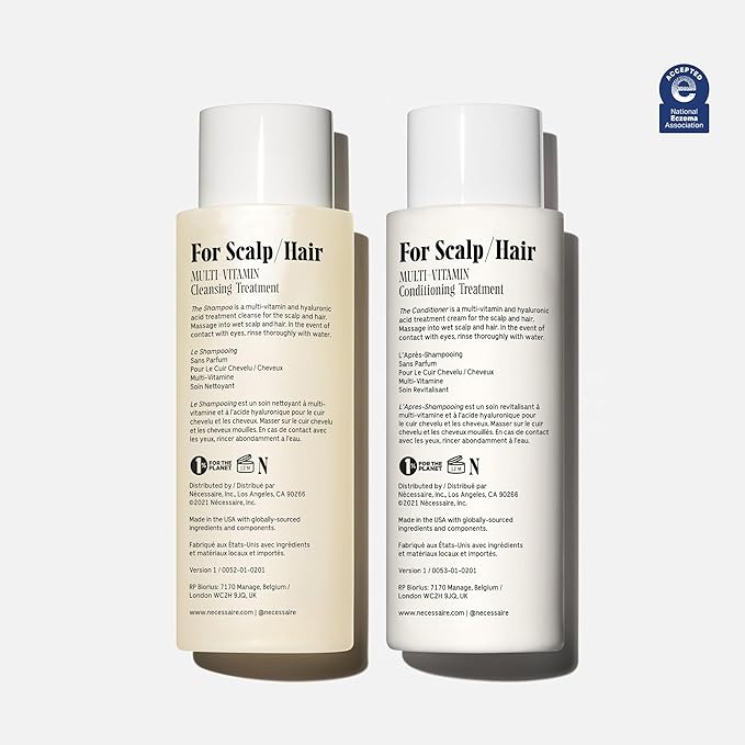 Nécessaire The Hair Duo - Shampoo and Conditioner Set 2 x Full-Size. The Shampoo + The Conditioner. Hyaluronic Acid + Vitamin B Complex. Fragrance-Free. Approved by the National Eczema Association.
