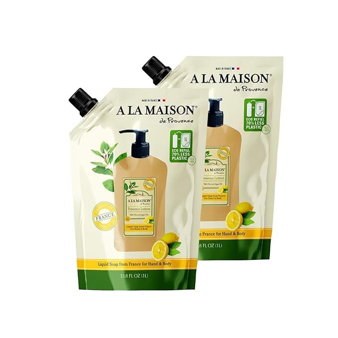 A LA MAISON French Liquid Hand Soap RefilL - Natural Hand Wash Made with Essential Oils - Biodegradable, Plant-Based, Vegan, Cruelty-Free (33.8 Fl Oz Pouch, 2 Pack, Provence Lemon)