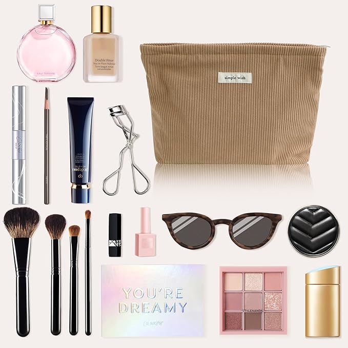 Wudygirl Corduroy Makeup Bag Cosmetic Bag for Women Cute Makeup Organizer Travel Makeup Pouch Toiletry Bag Aesthetic Handbag Pouches for Purse with Zipper (Camel)