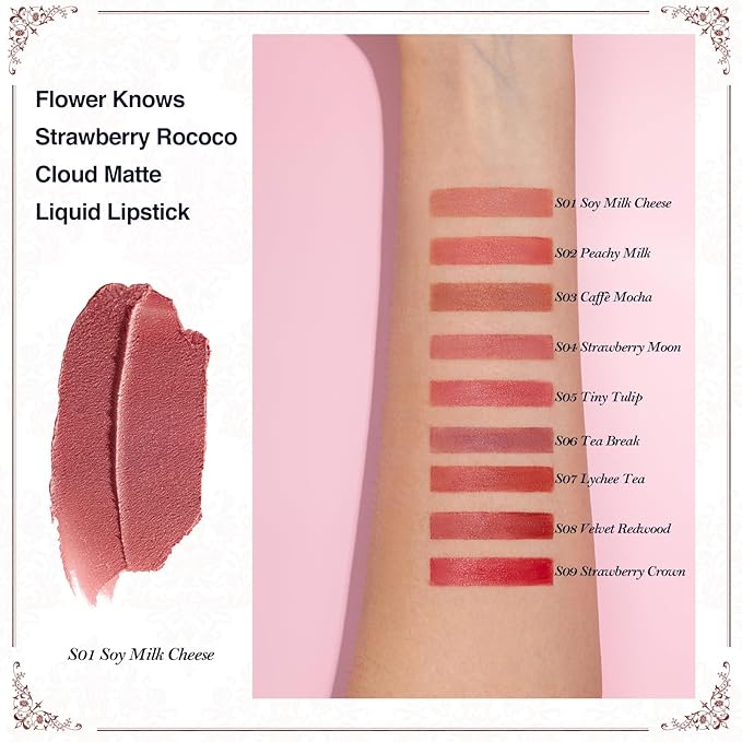 Flower Knows Strawberry Rococo Cloud Lip Cream,Velvety Matte Liquid Lipstick,Nude Lipstick,Long Lasting Lip Stain,Kiss-proof Blurred Lipstick for Girls&Women,0.12 Fl Oz(S01 Soy Milk Cheese)