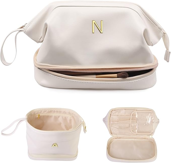 Bridesmaid Proposal Gifts, Initial Large Makeup Bag, Personalized Double Layer Cosmetic Bag with Makeup Brush Organizer, Waterproof, PU Leather Travel Toiletry Bag Graduation Gift