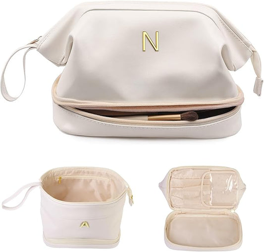 Bridesmaid Proposal Gifts, Initial Large Makeup Bag, Personalized Double Layer Cosmetic Bag with Makeup Brush Organizer, Waterproof, PU Leather Travel Toiletry Bag Graduation Gift
