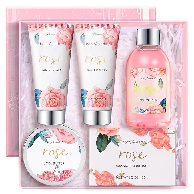 BODY & EARTH Spa Gift Set for Women - Luxurious 5 Pcs Bath and Body Gift Sets with Rose Scent, Spa Gift Box, Bath Set Includes Body Wash, Body Butter, Body Lotion and More, Birthday Gifts for Women
