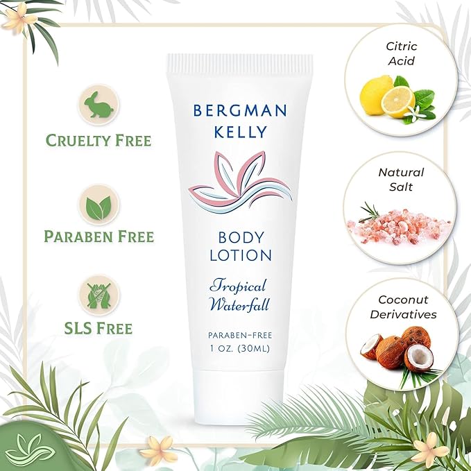 Bergman Kelly - Hotel Toiletries Bundle - Tropical Waterfall, 1 oz each, 18800 pcs - 4-Piece Set: Rectangular Bar Soap, Shampoo, Conditioner & Body Lotion (4700 each) - Bulk Mini Guest Amenities