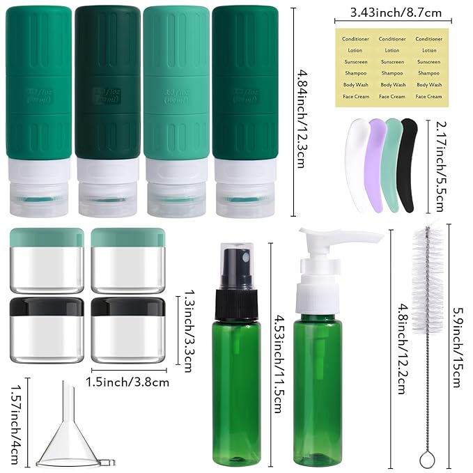 GLAMFIELDS Travel Bottles for Toiletries,TSA Approved 3.3oz Size LeakProof Silicone Toiletry Containers for Shampoo, Conditioner,Easy to Squeeze,Portable Travel Essentials for Lotion(18 Pack) Green