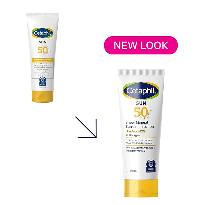 CETAPHIL Sheer Mineral Sunscreen Lotion for Face & Body 3 fl oz 100% Mineral UVA/UVB Filters: Zinc Oxide & Titanium Dioxide Broad Spectrum SPF 50 For Sensitive Skin Dermatologist Recommended Brand