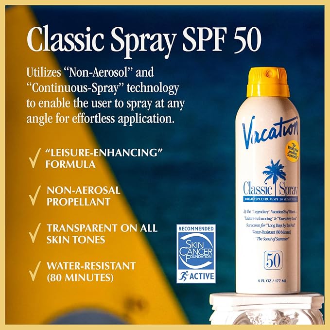 Vacation Classic Sunscreen Spray SPF 50 & Air Freshener Bundle, Water-Resistant, Lightweight, Transparent on All Skin Tones, Dermatologist-Tested, Vegan, 6 Fl. Oz.