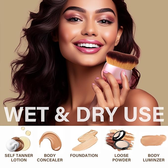 Extra Large Body Makeup Brush For Self Tanner, Leg Makeup &Bronzer Blend,75 mm Wide-headed Kabuki Brush Provides More Even &Pretty Application, Oval Face&Back Makeup Brush, Wet&Dry Use- Pink Rose Gold