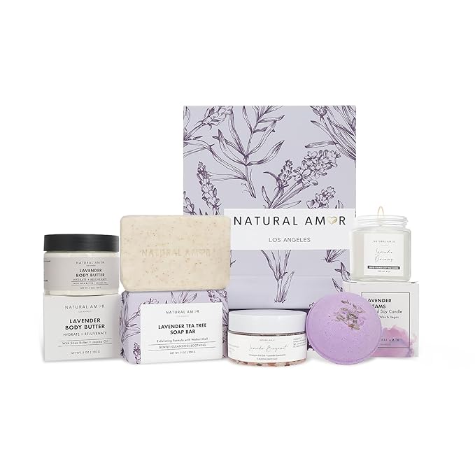 Natural Amor 5-Piece Lavender Spa Gift Set – Bath Bomb, Body Butter, Bar Soap, Bath Salt, Candle – Relaxing Self Care Kit for Women – Gift Box for Birthday, Thank You, Get Well
