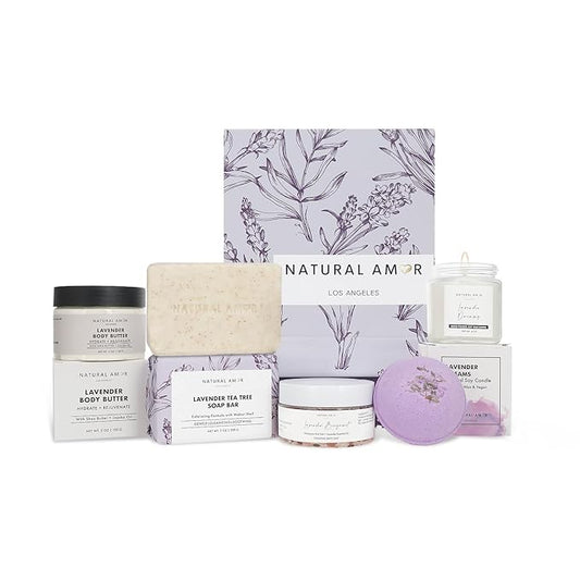 Natural Amor 5-Piece Lavender Spa Gift Set – Bath Bomb, Body Butter, Bar Soap, Bath Salt, Candle – Relaxing Self Care Kit for Women – Gift Box for Birthday, Thank You, Get Well