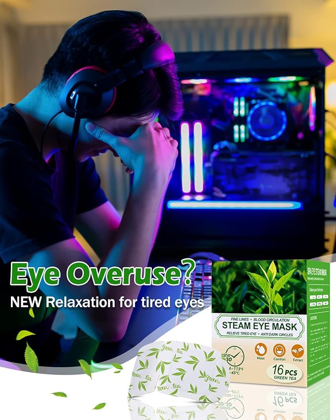 16 Packs Steam Eye Masks for Dry Eyes, Green Tea Warm Eye Mask, Relief Eye Fatigue & Puffy Eyes, Moist Heating Compress for Eyes, Self Heated Eye Mask, Disposable Travel Essentials & Relaxation Sets